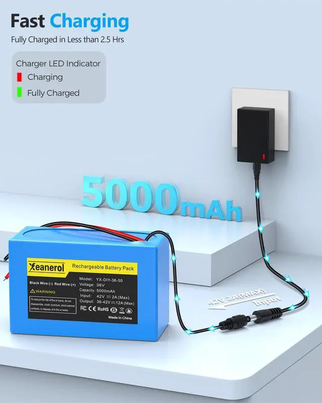 Alt view image 4 of 6 - 36V 5000mAh Lithium Battery with Charger, Rechargeable Battery Pack Compatible with 36 Volt Devices RC Car, LED Light Strip, DIY, CCTV Camera, Robot, Boat