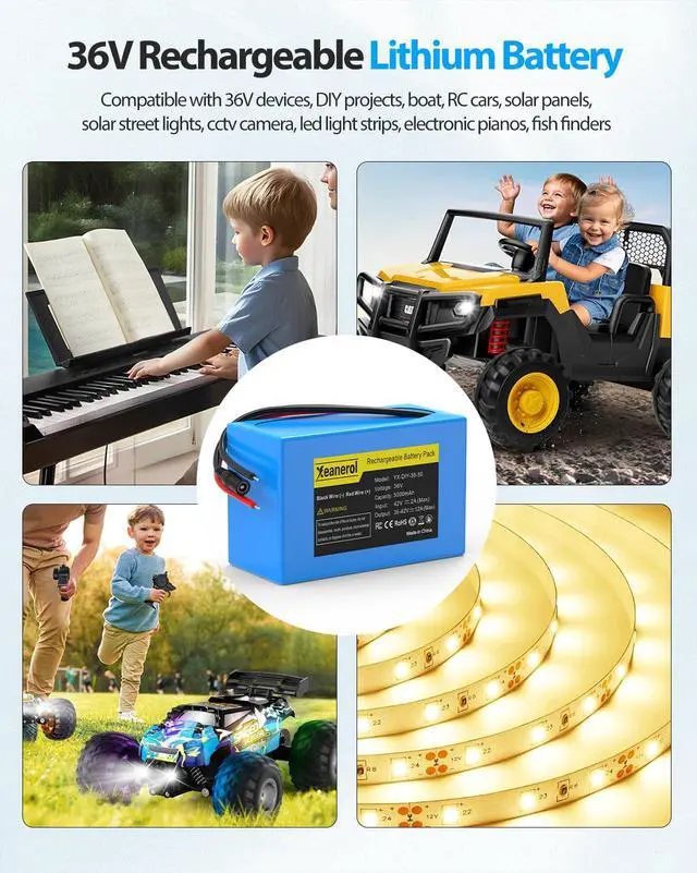 Alt view image 6 of 6 - 36V 5000mAh Lithium Battery with Charger, Rechargeable Battery Pack Compatible with 36 Volt Devices RC Car, LED Light Strip, DIY, CCTV Camera, Robot, Boat
