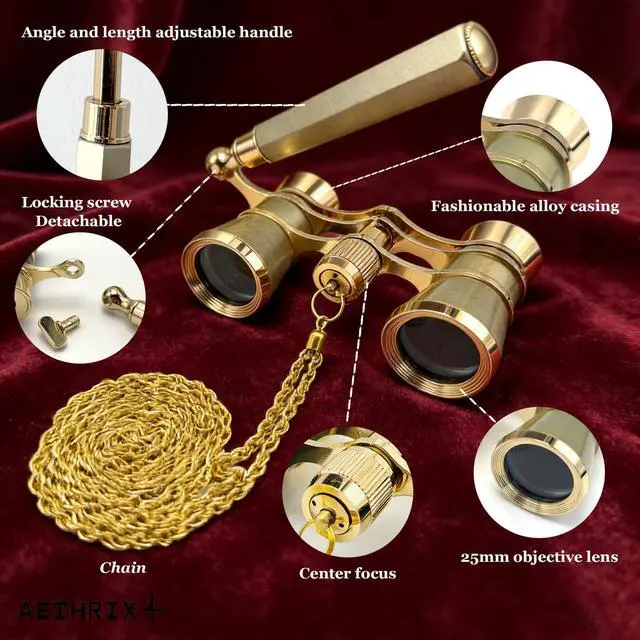 Alt view image 2 of 6 - 3X25 Golden Vintage Opera Glasses for Women | Binoculars with Adjustable Handle & Chain, Portable Theater Glasses Binoculars for Adults in Opera Houses Cinema