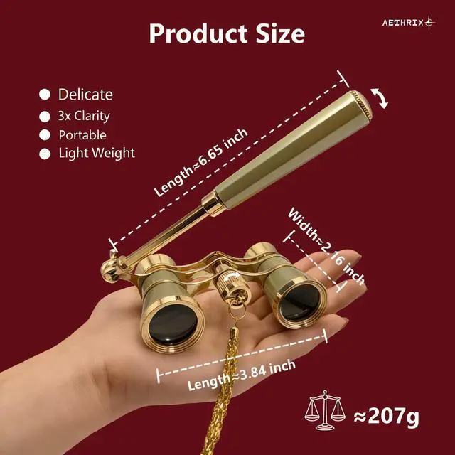 Alt view image 3 of 6 - 3X25 Golden Vintage Opera Glasses for Women | Binoculars with Adjustable Handle & Chain, Portable Theater Glasses Binoculars for Adults in Opera Houses Cinema