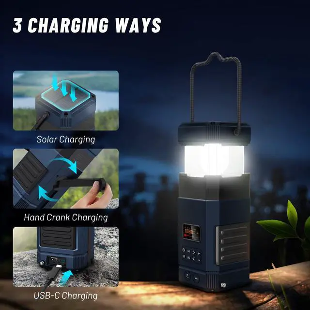 Alt view image 2 of 6 - DF-585 Emergency LED Camping Lantern,IPX5 Waterproof Stereo Bluetooth Speaker,Hand Crank NOAA Weather Alert Radio with Solar,Portable AM FM Radio with Flashlight,5000mAH Cell Phone Charger