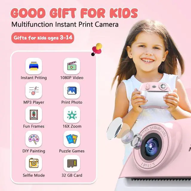 Alt view image 2 of 6 - Kids Camera Instant Print 1080P Front Rear Dual Selfie - Toddler Cameras with Digital Video Games,32GB & 5-Colored Print Paper/ 250 Photos,Easy to Use & Great Toys Gifts for Boys Girls, Ages 3-12