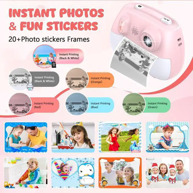 Alt view image 3 of 6 - Kids Camera Instant Print 1080P Front Rear Dual Selfie - Toddler Cameras with Digital Video Games,32GB & 5-Colored Print Paper/ 250 Photos,Easy to Use & Great Toys Gifts for Boys Girls, Ages 3-12