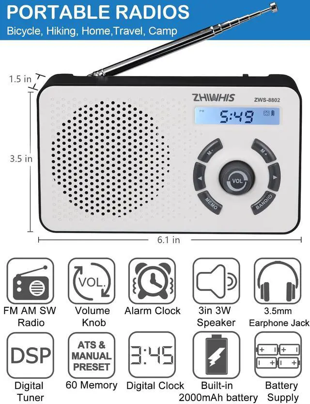 Alt view image 2 of 6 - ZHIWIHIS Digital AM/FM/Shortwave Radio with LCD Display, Built-in 2000mAh Battery/4 AA Battery Powered, Type-C Charging, Alarm Clock, Memory Station, ZWS-8802