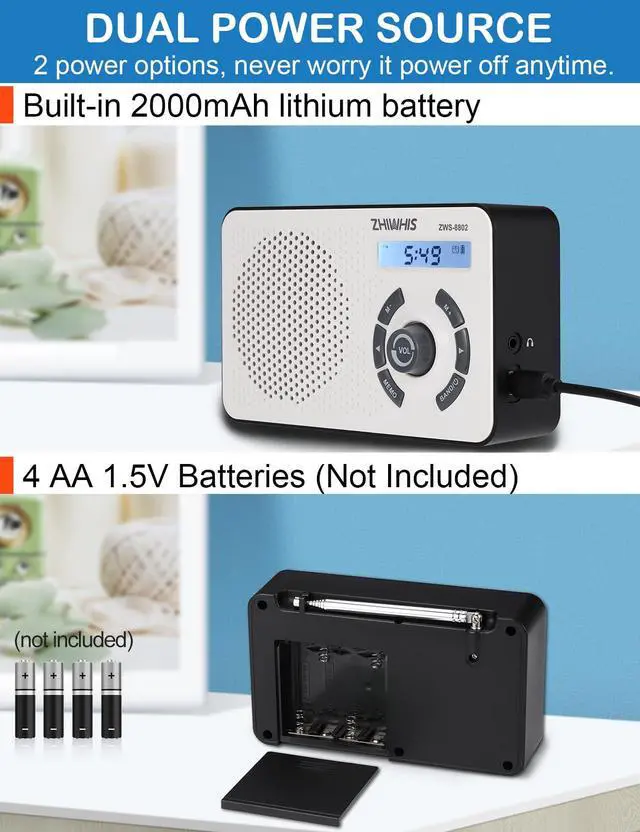 Alt view image 4 of 6 - ZHIWIHIS Digital AM/FM/Shortwave Radio with LCD Display, Built-in 2000mAh Battery/4 AA Battery Powered, Type-C Charging, Alarm Clock, Memory Station, ZWS-8802