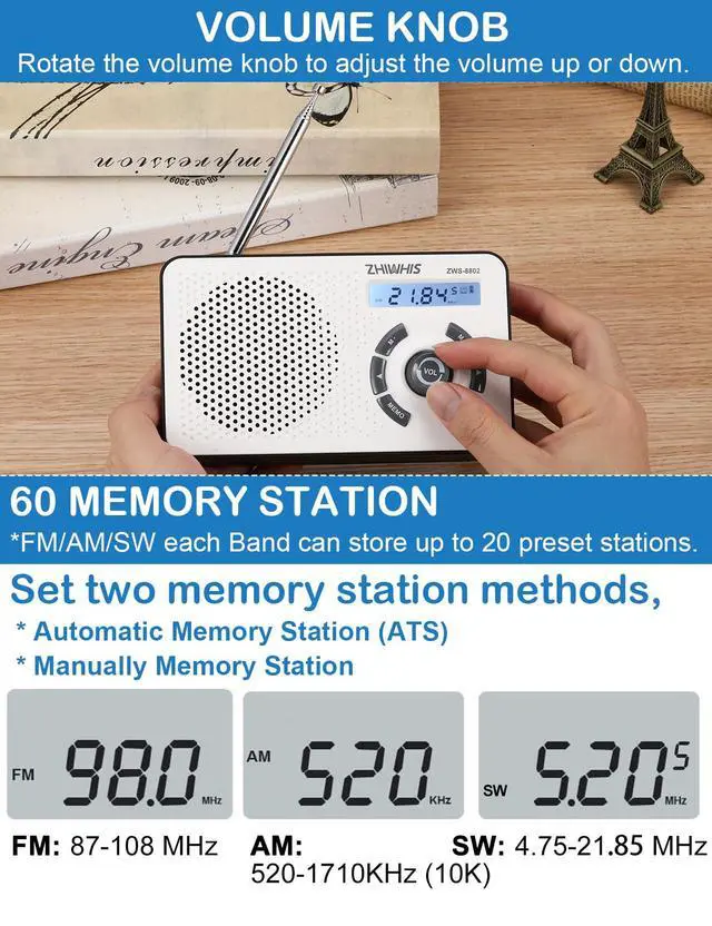 Alt view image 5 of 6 - ZHIWIHIS Digital AM/FM/Shortwave Radio with LCD Display, Built-in 2000mAh Battery/4 AA Battery Powered, Type-C Charging, Alarm Clock, Memory Station, ZWS-8802