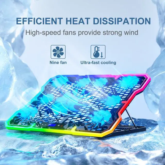 Alt view image 2 of 6 - Laptop Cooling Pad, Laptop Cooler with 9 Quiet Fans,Gaming Laptop Fan | for 14-19 Inch Notebook Computer, Cooling Stand with 6 Adjustable Speeds and 10 RGB Light Modes, 2 USB Ports & Phone Holder