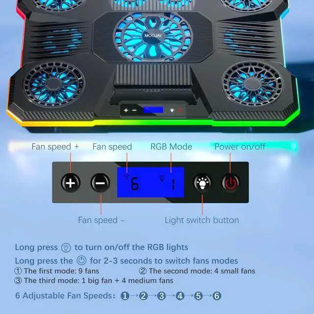Alt view image 4 of 6 - Laptop Cooling Pad, Laptop Cooler with 9 Quiet Fans,Gaming Laptop Fan | for 14-19 Inch Notebook Computer, Cooling Stand with 6 Adjustable Speeds and 10 RGB Light Modes, 2 USB Ports & Phone Holder