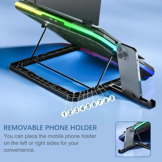 Alt view image 5 of 6 - Laptop Cooling Pad, Laptop Cooler with 9 Quiet Fans,Gaming Laptop Fan | for 14-19 Inch Notebook Computer, Cooling Stand with 6 Adjustable Speeds and 10 RGB Light Modes, 2 USB Ports & Phone Holder