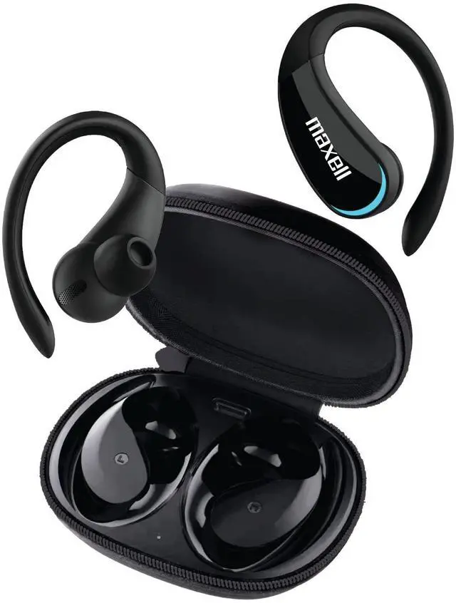 Main image of True Wireless Earbuds with Earhooks, 15hr Battery, Bluetooth 5.0 | Flexible earhook design stays secure during workouts - noise isolating, heavy bass, LED battery indicator case
