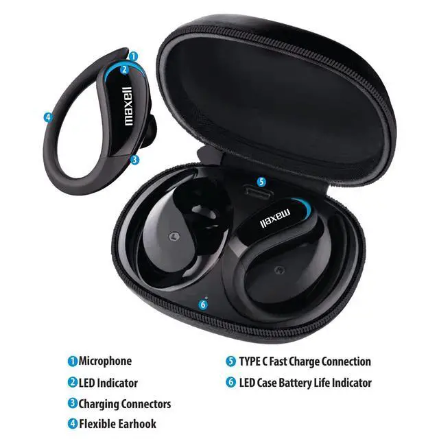 Alt view image 2 of 5 - True Wireless Earbuds with Earhooks, 15hr Battery, Bluetooth 5.0 | Flexible earhook design stays secure during workouts - noise isolating, heavy bass, LED battery indicator case