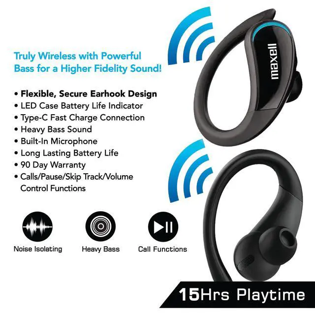 Alt view image 3 of 5 - True Wireless Earbuds with Earhooks, 15hr Battery, Bluetooth 5.0 | Flexible earhook design stays secure during workouts - noise isolating, heavy bass, LED battery indicator case