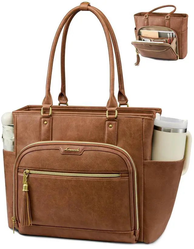 Main image of Laptop Tote Bag for Women Work, Vintage Leather Teacher Nurse Bag with Large Cup Holder, Bible Handbag Purse GIfs, Waterproof Professional Computer Briefcase for Business Office, 17 Inch