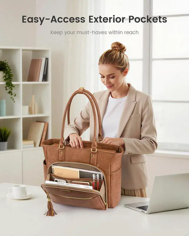 Alt view image 2 of 6 - Laptop Tote Bag for Women Work, Vintage Leather Teacher Nurse Bag with Large Cup Holder, Bible Handbag Purse GIfs, Waterproof Professional Computer Briefcase for Business Office, 17 Inch