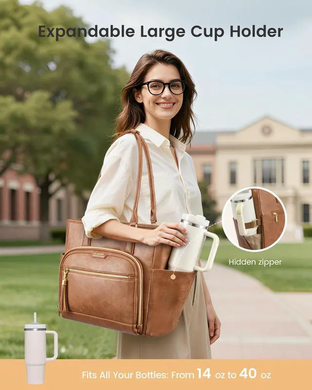 Alt view image 3 of 6 - Laptop Tote Bag for Women Work, Vintage Leather Teacher Nurse Bag with Large Cup Holder, Bible Handbag Purse GIfs, Waterproof Professional Computer Briefcase for Business Office, 17 Inch