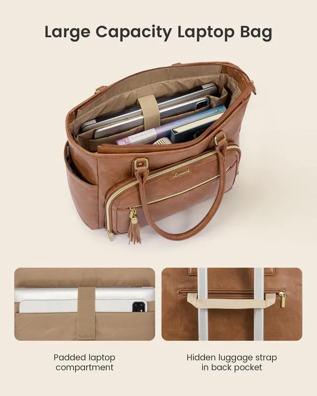 Alt view image 5 of 6 - Laptop Tote Bag for Women Work, Vintage Leather Teacher Nurse Bag with Large Cup Holder, Bible Handbag Purse GIfs, Waterproof Professional Computer Briefcase for Business Office, 17 Inch