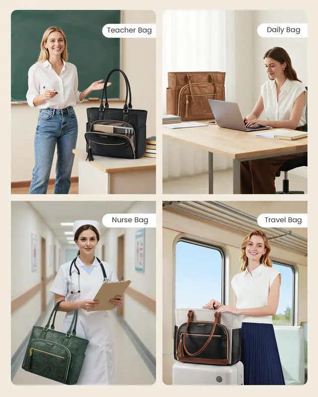 Alt view image 6 of 6 - Laptop Tote Bag for Women Work, Vintage Leather Teacher Nurse Bag with Large Cup Holder, Bible Handbag Purse GIfs, Waterproof Professional Computer Briefcase for Business Office, 17 Inch