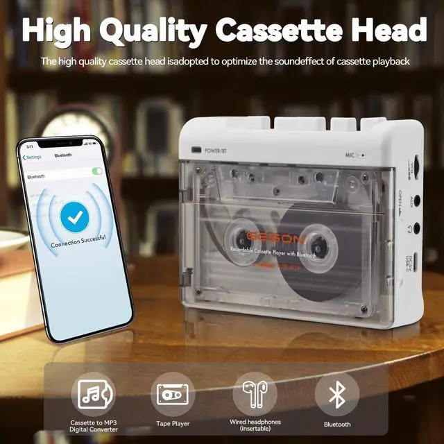 Alt view image 2 of 6 - Portable Retro Recordable Cassette Player | Vintage Cassette Tape Player Recorder, Audio Player with Earphone Jack, Battery Operated or AC Powered, Tape Recorder