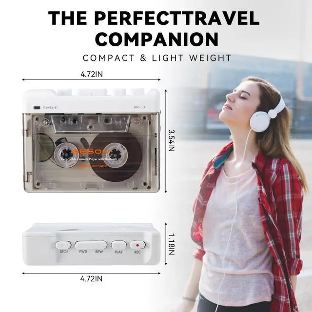 Alt view image 5 of 6 - Portable Retro Recordable Cassette Player | Vintage Cassette Tape Player Recorder, Audio Player with Earphone Jack, Battery Operated or AC Powered, Tape Recorder
