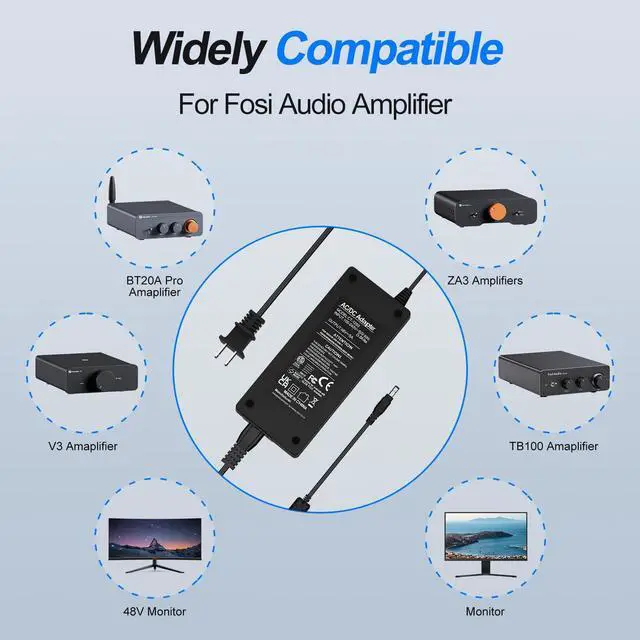 Alt view image 3 of 6 - Audio 48V 5A Power Adapter Supply for Fosi Home Audio Bluetooth Stereo Receiver Amplifier Mini Hi-Fi Class D Integrated Amp