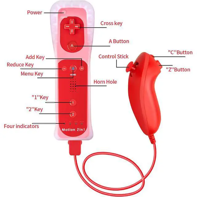 Alt view image 2 of 6 - 2Pack Motion Plus Wii Remote Controllers with Nunchucks,Wii Remote Controllers with Built in Motion Plus Compatible for Wii U Consoles(Red&Light Blue)