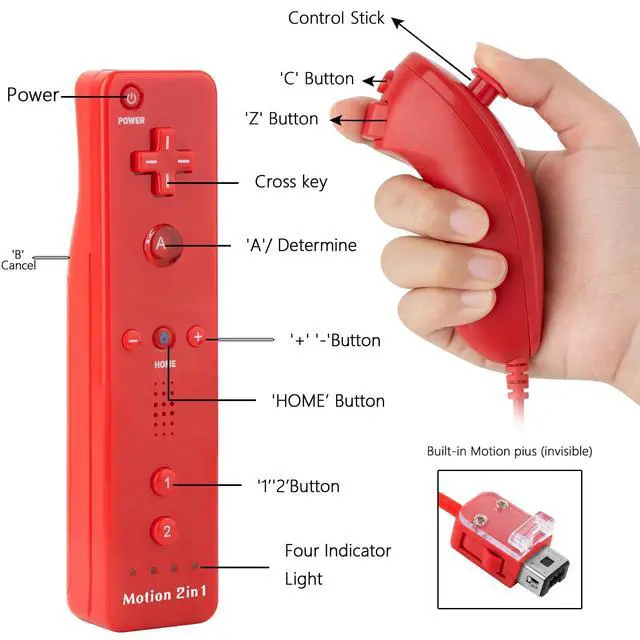 Alt view image 4 of 6 - 2Pack Motion Plus Wii Remote Controllers with Nunchucks,Wii Remote Controllers with Built in Motion Plus Compatible for Wii U Consoles(Red&Light Blue)