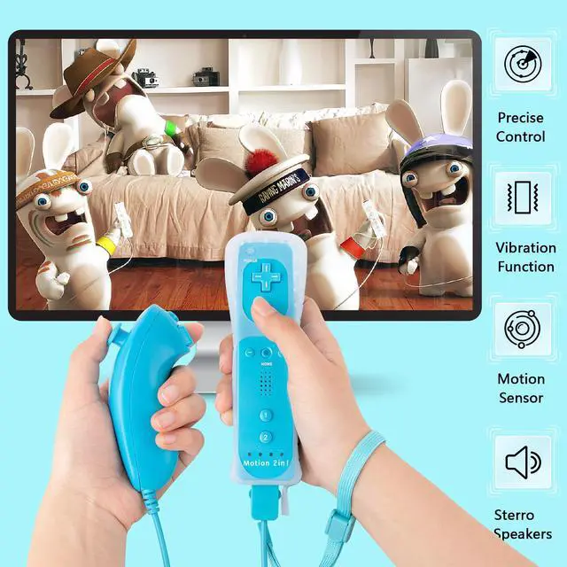 Alt view image 6 of 6 - 2Pack Motion Plus Wii Remote Controllers with Nunchucks,Wii Remote Controllers with Built in Motion Plus Compatible for Wii U Consoles(Red&Light Blue)