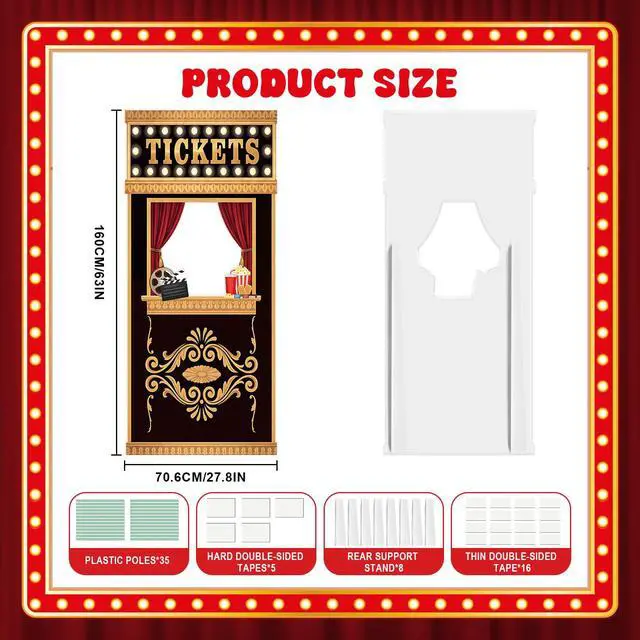 Alt view image 2 of 6 - 5.3 Ft Movie Night Birthday Party Decorations Ticket Booth Photo Prop | Ticket Booth Cardboard Cutout Photo Frame Background Banner Backdrop