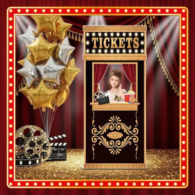 Alt view image 5 of 6 - 5.3 Ft Movie Night Birthday Party Decorations Ticket Booth Photo Prop | Ticket Booth Cardboard Cutout Photo Frame Background Banner Backdrop