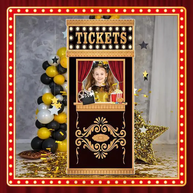 Alt view image 6 of 6 - 5.3 Ft Movie Night Birthday Party Decorations Ticket Booth Photo Prop | Ticket Booth Cardboard Cutout Photo Frame Background Banner Backdrop