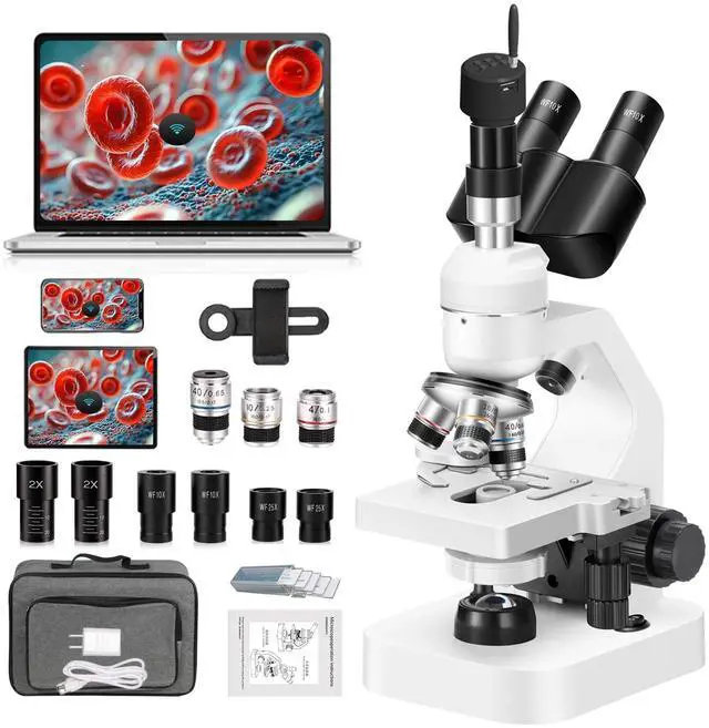 Main image of Trinocular Microscope 40x-2000x Magnification Double-Layer Stage with LED Lights on top and Bottom, Thick and Thin Dual Focusing knobs, Professional Biological Microscope (WiFi Electronic Eyepiece)