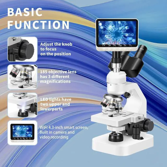 Alt view image 2 of 6 - Trinocular Microscope 40x-2000x Magnification Double-Layer Stage with LED Lights on top and Bottom, Thick and Thin Dual Focusing knobs, Professional Biological Microscope (WiFi Electronic Eyepiece)