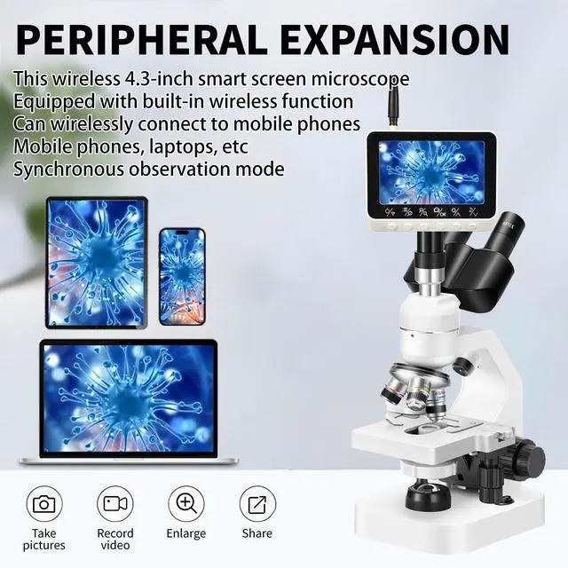 Alt view image 3 of 6 - Trinocular Microscope 40x-2000x Magnification Double-Layer Stage with LED Lights on top and Bottom, Thick and Thin Dual Focusing knobs, Professional Biological Microscope (WiFi Electronic Eyepiece)