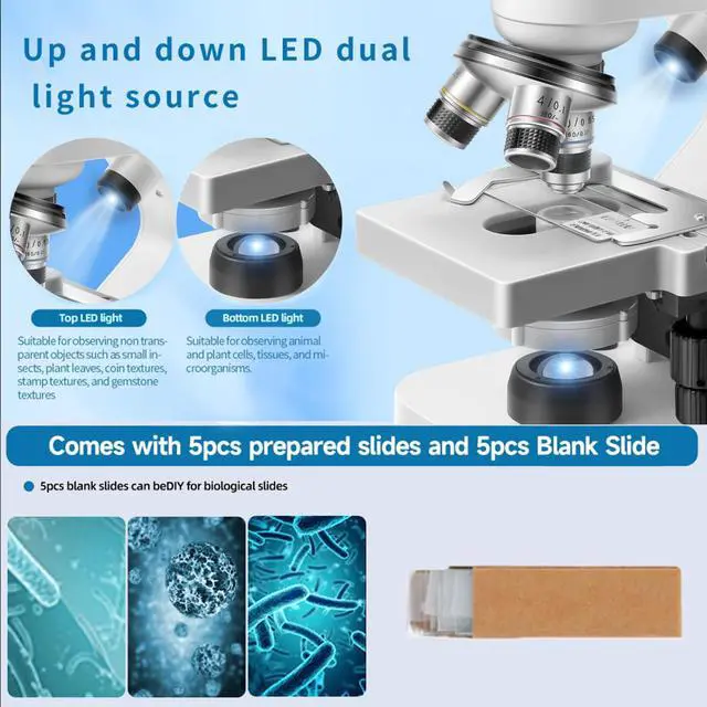 Alt view image 4 of 6 - Trinocular Microscope 40x-2000x Magnification Double-Layer Stage with LED Lights on top and Bottom, Thick and Thin Dual Focusing knobs, Professional Biological Microscope (WiFi Electronic Eyepiece)