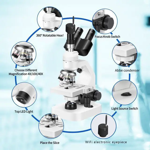 Alt view image 6 of 6 - Trinocular Microscope 40x-2000x Magnification Double-Layer Stage with LED Lights on top and Bottom, Thick and Thin Dual Focusing knobs, Professional Biological Microscope (WiFi Electronic Eyepiece)