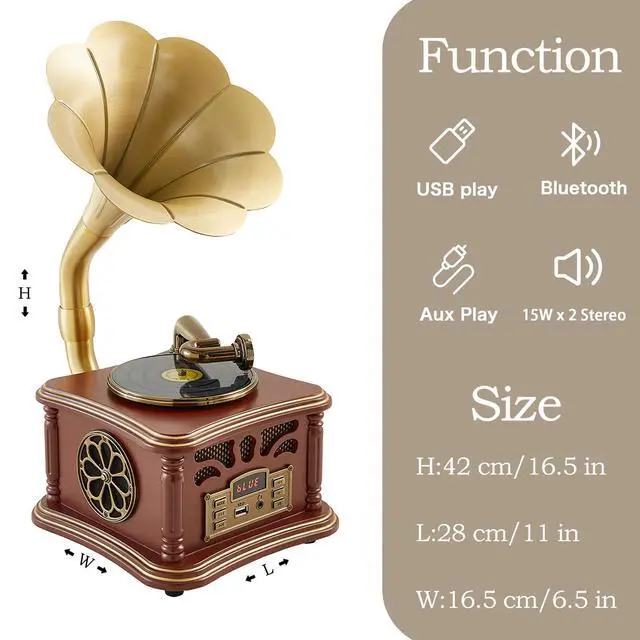 Alt view image 2 of 6 - Retro Vintage Gramophone Record Player, Decorative Phonograph with Bluetooth/USB, Hi-Fi, Handcrafted by Pure Oak (Brown) for Music Player/Home Decoration/Retro Collection/Gift