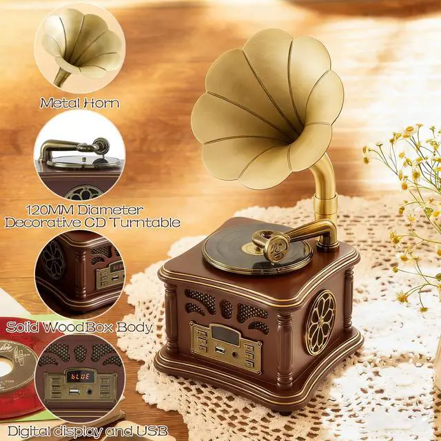 Alt view image 3 of 6 - Retro Vintage Gramophone Record Player, Decorative Phonograph with Bluetooth/USB, Hi-Fi, Handcrafted by Pure Oak (Brown) for Music Player/Home Decoration/Retro Collection/Gift