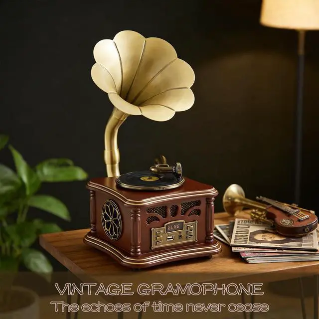 Alt view image 4 of 6 - Retro Vintage Gramophone Record Player, Decorative Phonograph with Bluetooth/USB, Hi-Fi, Handcrafted by Pure Oak (Brown) for Music Player/Home Decoration/Retro Collection/Gift