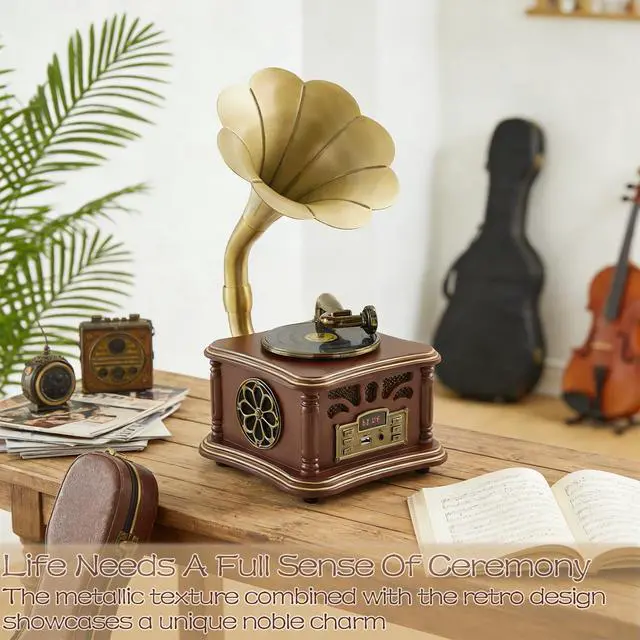 Alt view image 5 of 6 - Retro Vintage Gramophone Record Player, Decorative Phonograph with Bluetooth/USB, Hi-Fi, Handcrafted by Pure Oak (Brown) for Music Player/Home Decoration/Retro Collection/Gift