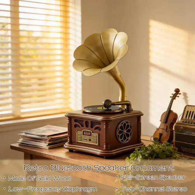 Alt view image 6 of 6 - Retro Vintage Gramophone Record Player, Decorative Phonograph with Bluetooth/USB, Hi-Fi, Handcrafted by Pure Oak (Brown) for Music Player/Home Decoration/Retro Collection/Gift