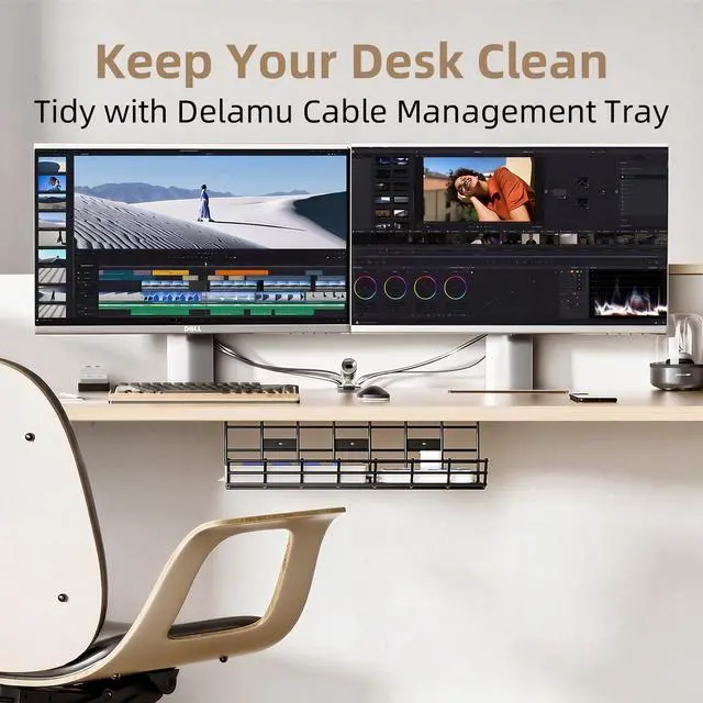 Alt view image 2 of 6 - 1 Pack Under Desk Cable Management Tray, Large Metal Cord Organizer, Office & Home Cord Wire Management Under Desk Shelf, Easy Install Pre-drilled Cable Organizer, Black