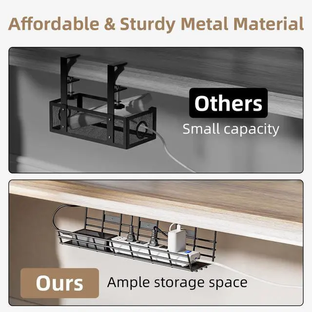 Alt view image 6 of 6 - 1 Pack Under Desk Cable Management Tray, Large Metal Cord Organizer, Office & Home Cord Wire Management Under Desk Shelf, Easy Install Pre-drilled Cable Organizer, Black