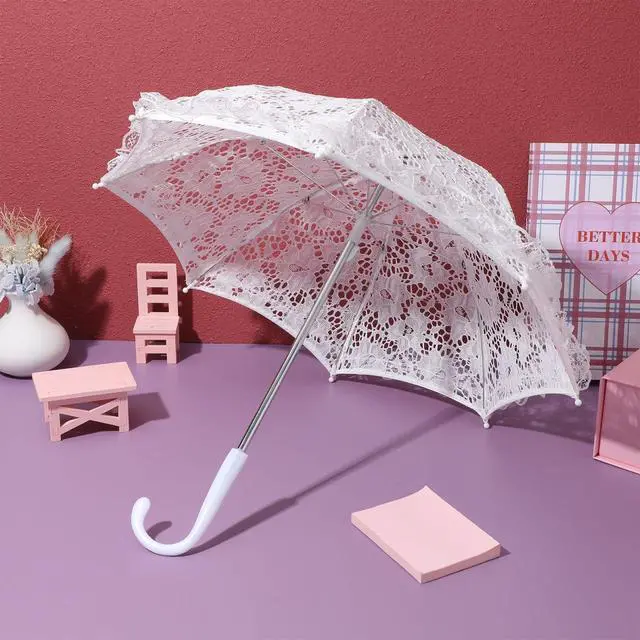 Alt view image 5 of 6 - 19.6 Inch White Lace Parasol Umbrella Vintage Victorian Wedding Parasol for Photography Bridal Shower Tea Party Decor Lightweight Elegant Prop with Ergonomic J-Handle