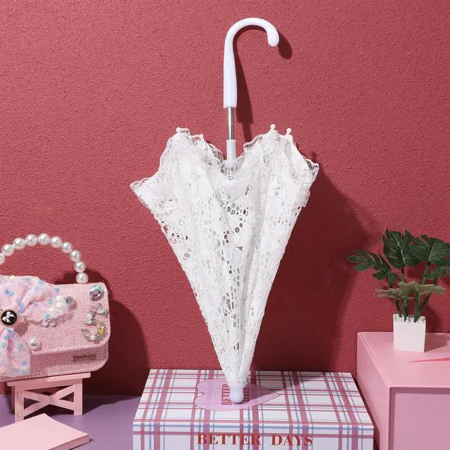 Alt view image 6 of 6 - 19.6 Inch White Lace Parasol Umbrella Vintage Victorian Wedding Parasol for Photography Bridal Shower Tea Party Decor Lightweight Elegant Prop with Ergonomic J-Handle