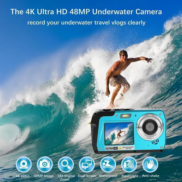 Alt view image 2 of 6 - 4K Underwater Camera, Full HD 4K&48MP Compact Floatable Camera, 10FT Waterproof Camera for Snorkeling, Surfing, Rafting, Dual-Screen for Selfie/16X Digital Zoom/Fill Light/Support 128GB Card(Blue)
