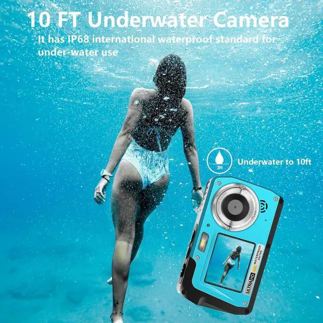 Alt view image 3 of 6 - 4K Underwater Camera, Full HD 4K&48MP Compact Floatable Camera, 10FT Waterproof Camera for Snorkeling, Surfing, Rafting, Dual-Screen for Selfie/16X Digital Zoom/Fill Light/Support 128GB Card(Blue)