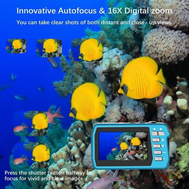 Alt view image 4 of 6 - 4K Underwater Camera, Full HD 4K&48MP Compact Floatable Camera, 10FT Waterproof Camera for Snorkeling, Surfing, Rafting, Dual-Screen for Selfie/16X Digital Zoom/Fill Light/Support 128GB Card(Blue)