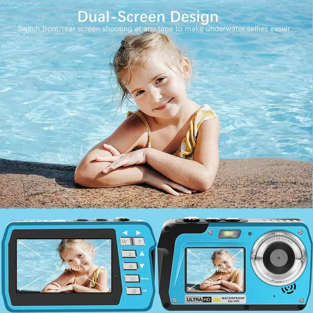 Alt view image 6 of 6 - 4K Underwater Camera, Full HD 4K&48MP Compact Floatable Camera, 10FT Waterproof Camera for Snorkeling, Surfing, Rafting, Dual-Screen for Selfie/16X Digital Zoom/Fill Light/Support 128GB Card(Blue)