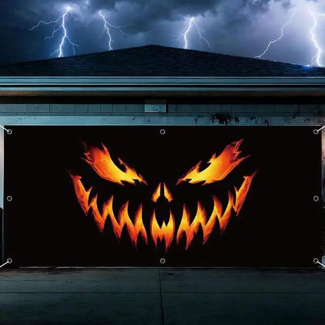 Main image of Pumpkin Ghost Face Halloween Garage Door Cover 7x16 FT Decoration | Spooky Garage Door Banner, Rope and Grommet Easy Mount, High Quality, Creepy Visage Theme, Halloween Decor