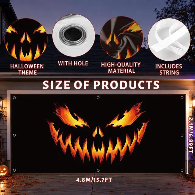 Alt view image 2 of 6 - Pumpkin Ghost Face Halloween Garage Door Cover 7x16 FT Decoration | Spooky Garage Door Banner, Rope and Grommet Easy Mount, High Quality, Creepy Visage Theme, Halloween Decor